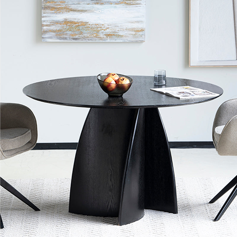 Mesa redonda OFCASA Gemma (120 cm) em preto brilhante, com tampo anti-riscos em MDF e base de pedestal estável - ideal para cozinhas abertas.