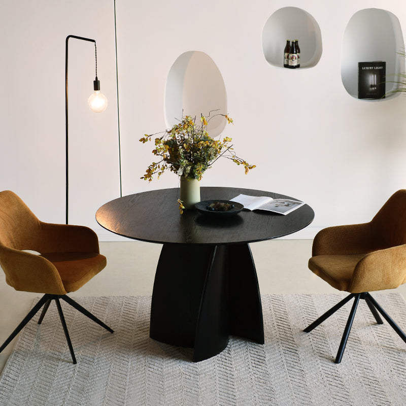 Mesa de jantar redonda Gemma UDT24012 em preto com tampo de MDF resistente e base em madeira laminada, perfeita para salas de jantar modernas.