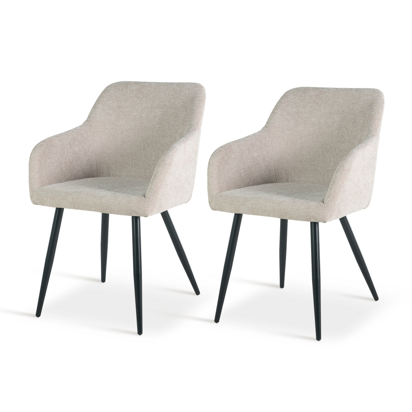 Cadeira de jantar Frazer com apoio de braços, estofada em linho bege e estrutura em metal preto, ideal para salas de jantar modernas