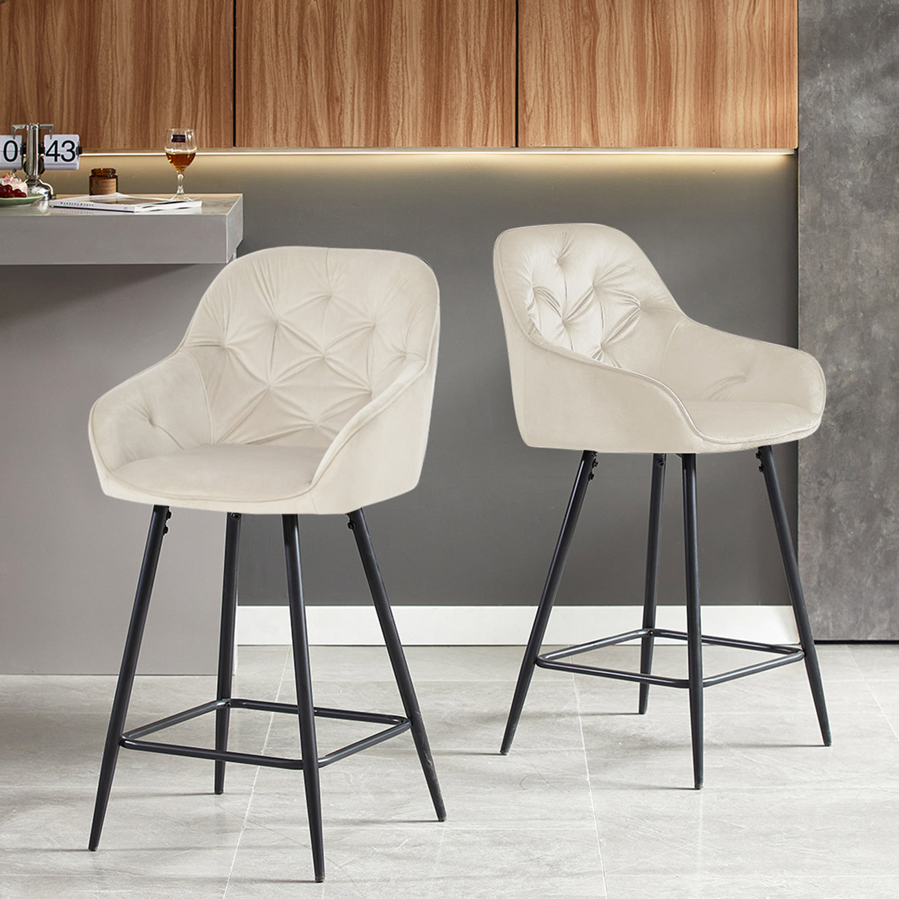 Cadeiras de Bar Keaton [Conjunto de 2] [Preta] [Veluda][75 cm][65 cm]