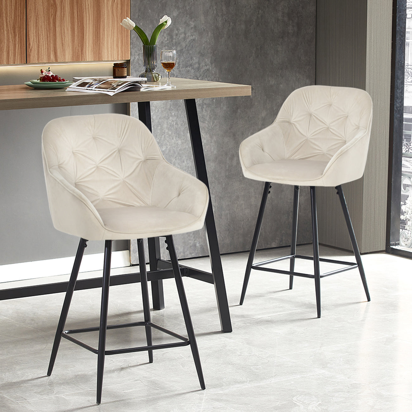 Cadeiras de Bar Keaton [Conjunto de 2] [Preta] [Veluda][75 cm][65 cm]